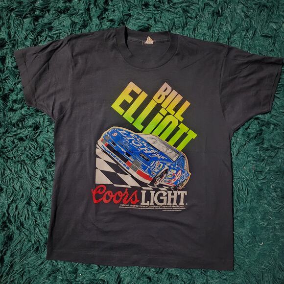Vintage 90s Bill Elliott Coors Light NASCAR Tee Screen Stars USA 21x28 - Picture 1 of 5